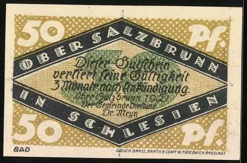 Notgeld Ober Salzbrunn in Schlesien 1921, 50 Pf, 700 Jahre Feier, Burgturm Motiv