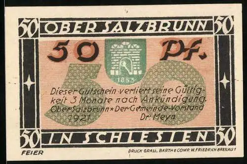 Notgeld Ober Salzbrunn 1921, 50 Pfennig, Vorderseite mit Ortsansicht und Text, Burg und 700 Jahr-Feier in Schlesien