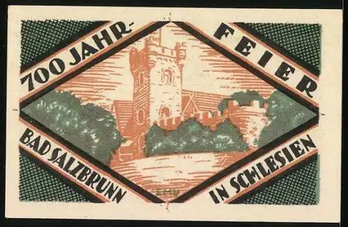 Notgeld Ober Salzbrunn 1921, 50 Pfennig, Vorderseite mit Ortsansicht und Text, Burg und 700 Jahr-Feier in Schlesien