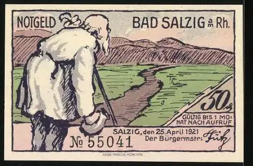 Notgeld Bad Salzig am Rhein, 1921, 50 Pf, Landschaft mit Fluss und Gebäude, Rückseite Mann mit Stock