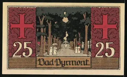 Notgeld Bad Pyrmont 1921, 25 Pfennig, mit Wappen und Parkansicht, Kreis Pyrmont