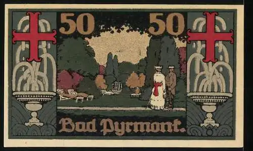 Notgeld Bad Pyrmont, 1921, 50 Pfennig, Landschaft mit Brunnen und Spaziergängern