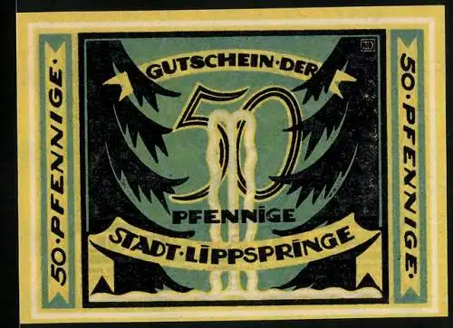 Notgeld Bad Lippspringe, 1921, 50 Pfennig, grünes und gelbes Design mit Landschaft und Figuren