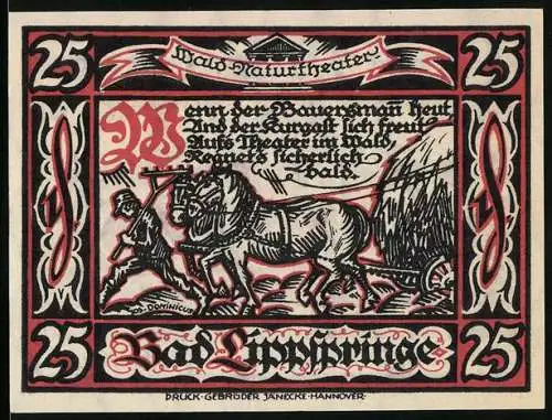 Notgeld Bad Lippspringe, 1921, 25 Pfennig, Wald-Naturtheater und Stadtwappen Design, Druck Gebrüder Jänecke Hannover