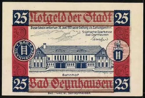 Notgeld Bad Oeynhausen, 1921, 25 Pfennig, Vorderseite mit Karte und Text, Rückseite mit Bahnhof