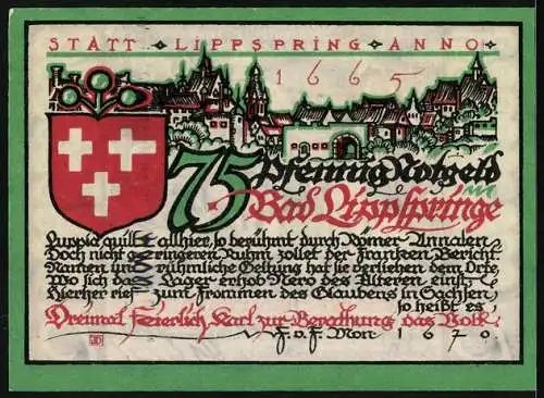 Notgeld Bad Lippspringe, 1921, 75 Pfennig, Historische Szene und Stadtwappen mit Inschrift