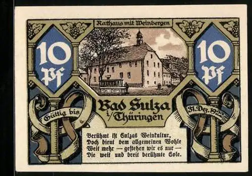 Notgeld Bad Sulza 1921, 10 Pfennig, Rathaus mit Weinbergen und Technikum