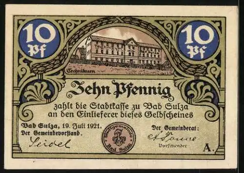 Notgeld Bad Sulza 1921, 10 Pfennig, Rathaus mit Weinbergen und Technikum