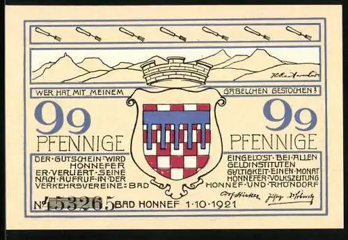 Notgeld Bad Honnef 1921, 99 Pfennige, Wappen und alte Kapelle mit Dorfeingang Rhöndorf