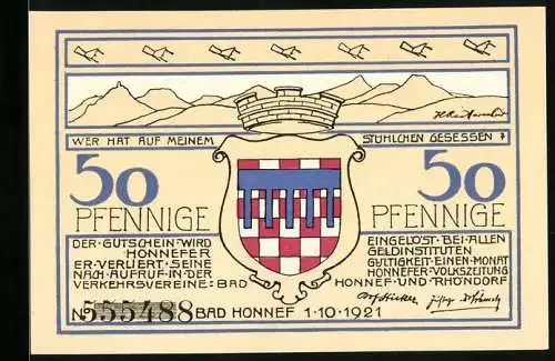 Notgeld Bad Honnef 1921, 50 Pfennig, Stadtwappen und Landschaft am Rhein Illustration