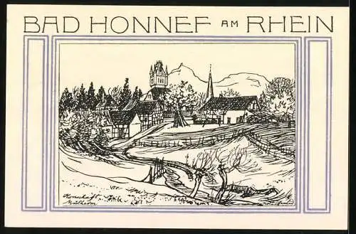 Notgeld Bad Honnef 1921, 50 Pfennig, Stadtwappen und Landschaft am Rhein Illustration