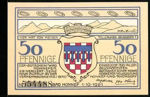 Notgeld Bad Honnef 1921, 50 Pfennige, Landschaft am Rhein und Stadtwappen