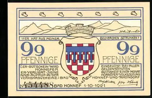 Notgeld Bad Honnef, 1921, 99 Pfennig, Landschaft und Stadtwappen