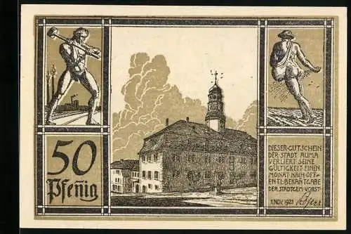 Notgeld Auma 1921, 50 Pfennig, Stadtgebäude mit Turm und Arbeiter, Rückseite Wappen und Adler