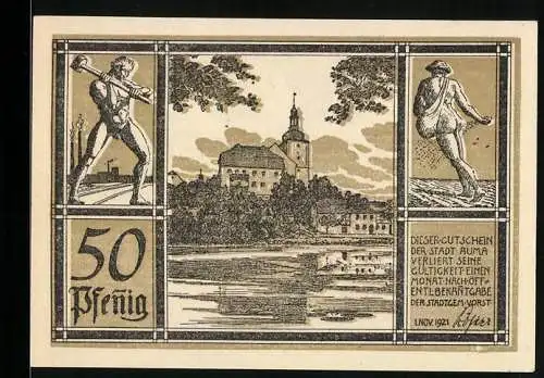 Notgeld Auma 1921, 50 Pfennig, Burggrafik mit Arbeitern und Wappen auf Rückseite