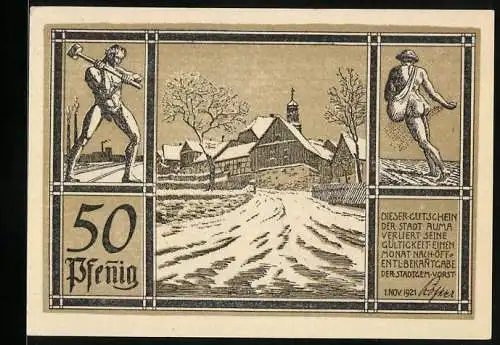 Notgeld Auma 1921, 50 Pfennig, Stadtansicht im Winter und zwei Arbeiter, Wappen und Adler auf der Rückseite