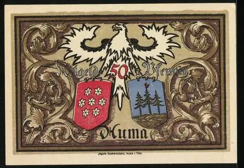 Notgeld Auma 1921, 50 Pfennig, Stadtansicht im Winter und zwei Arbeiter, Wappen und Adler auf der Rückseite