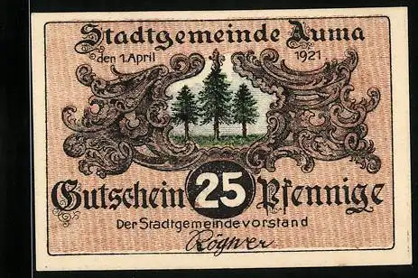 Notgeld Auma, 1921, 25 Pfennig, Gutschein mit Wald und Zwergmotiv