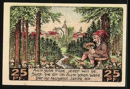 Notgeld Auma, 1921, 25 Pfennig, Gutschein mit Wald und Zwergmotiv