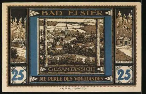 Notgeld Bad Elster, 25 Pfennig, Ansicht der Stadt und Vogel mit Brunnen