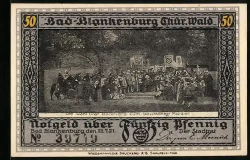 Notgeld Bad Blankenburg 1921, 50 Pfennig, Wahl Graf Gunthers und Burg Greifenstein