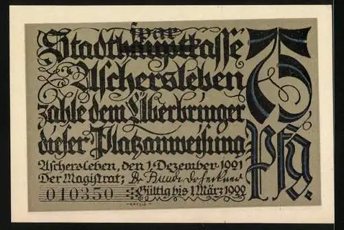 Notgeld Aschersleben, 1921, 75 Pfennig, Frauen bei der Arbeit und traditionelle Schriftzüge