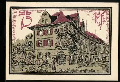 Notgeld Aschersleben 1921, 75 Pfennig, Die Bollerhornstrasse mit detaillierter Kalligraphie und Ornamenten