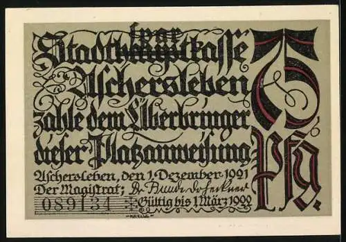 Notgeld Aschersleben 1921, 75 Pfennig, Die Bollerhornstrasse mit detaillierter Kalligraphie und Ornamenten