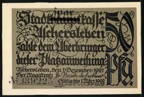 Notgeld Aschersleben 1921, 50 Pf, Mann in einer Obstplantage und Text mit Gültigkeitsdatum