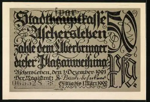 Notgeld Aschersleben 1921, 50 Pf, Mann schüttelt Apfelbaumillustration, deutsche Schrift und Text auf Rückseite