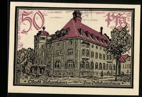 Notgeld Aschersleben 1921, 50 Pfennig, Stadtarchiv und Volkshaus, gotische Schrift und Ornamentik