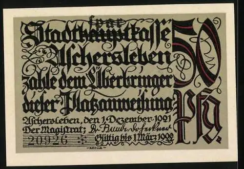 Notgeld Aschersleben 1921, 50 Pfennig, Stadtarchiv und Volkshaus, gotische Schrift und Ornamentik