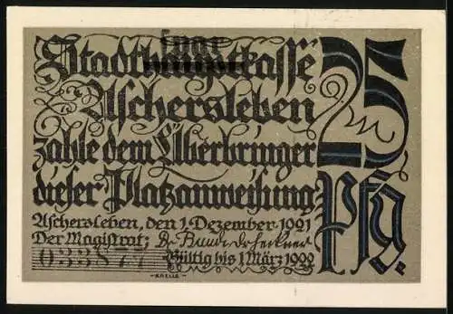 Notgeld Aschersleben, 1921, 25 Pfennig, Landschaft und kunstvolle Schriftzüge