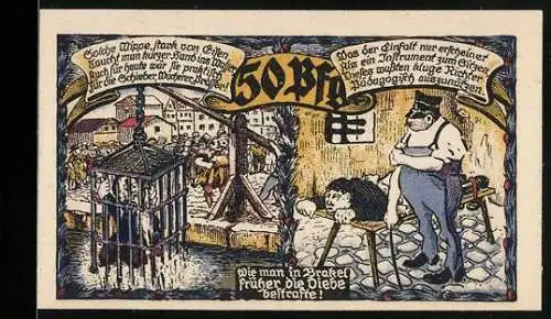 Notgeld Brakel 1921, 50 Pfennig, Darstellung der historischen Bestrafung von Dieben