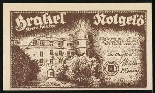 Notgeld Brakel 1921, 50 Pfennig, Darstellung der historischen Bestrafung von Dieben