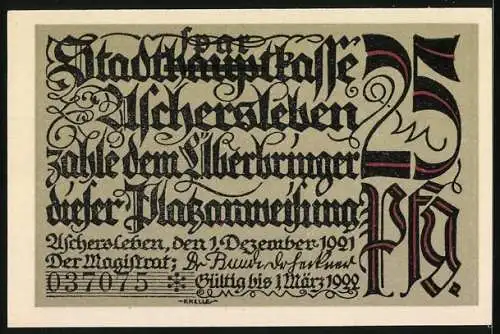 Notgeld Aschersleben, 1921, 25 Pfennig, Darstellung des Krankenhauses