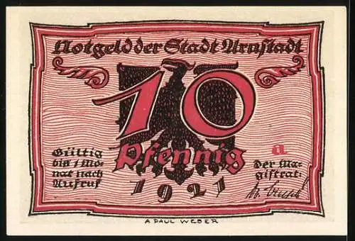 Notgeld Arnstadt 1921, 10 Pfennig, Frauen im Gespräch und Adler, gültig bis ein Monat nach Aufruf