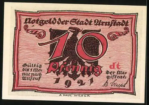 Notgeld Arnstadt 1921, 10 Pfennig, Adler und Handwerker mit Vogel