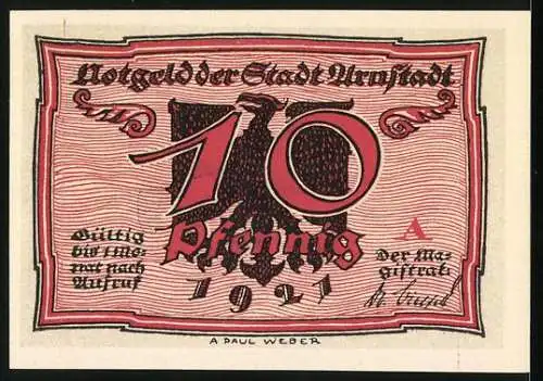 Notgeld Arnstadt, 1921, 10 Pfennig, Design mit zwei Figuren und Adler, gültig bis März 1922