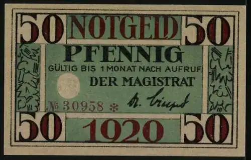 Notgeld Arnstadt 1920, 50 Pfennig, Stadtansicht mit Inschrift Spare in der Zeit so hast du in der Not