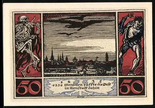 Notgeld Arnstadt, 1921, 50 Pfennig, Stadtansicht mit Skelett und Dämon sowie Wappen der Stadt