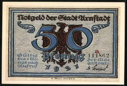 Notgeld Arnstadt, 1921, 50 Pfennig, Stadtansicht mit Skelett und Dämon sowie Wappen der Stadt