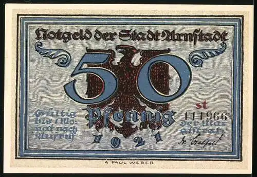 Notgeld Arnstadt 1921, 50 Pfennig, Der grosse Brand 1581, Adler