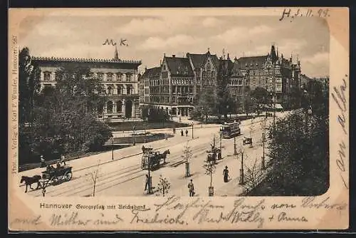 AK Hannover, Georgsplatz mit Reichsbank und Strasse, Strassenbahn