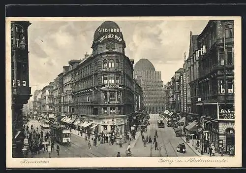 AK Hannover, Georg- und Nordmannstrasse mit Strassenbahnen aus der Vogelschau