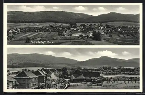 AK Münchehof /Harz, Ortsansichten mit Bergpanorama aus der Vogelschau