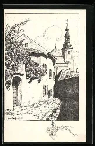 Künstler-AK Ulf Seidl: Krems an der Donau, Strassenbild mit Kirche, Serie Wachau