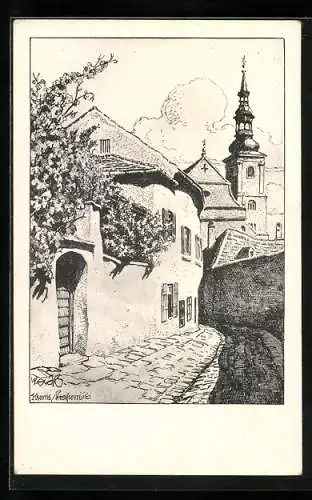 Künstler-AK Ulf Seidl: Krems an der Donau, Strassenbild aus dem Ort