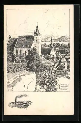 Künstler-AK Krems a. d. Donau, Blick auf die Piaristenkirche, Dampfer