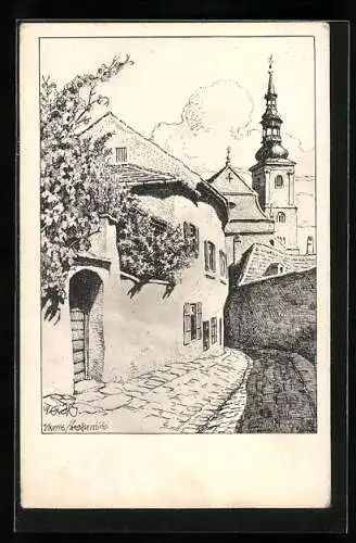 Künstler-AK Ulf Seidl: Krems an der Donau, Strassenbild aus dem Ort